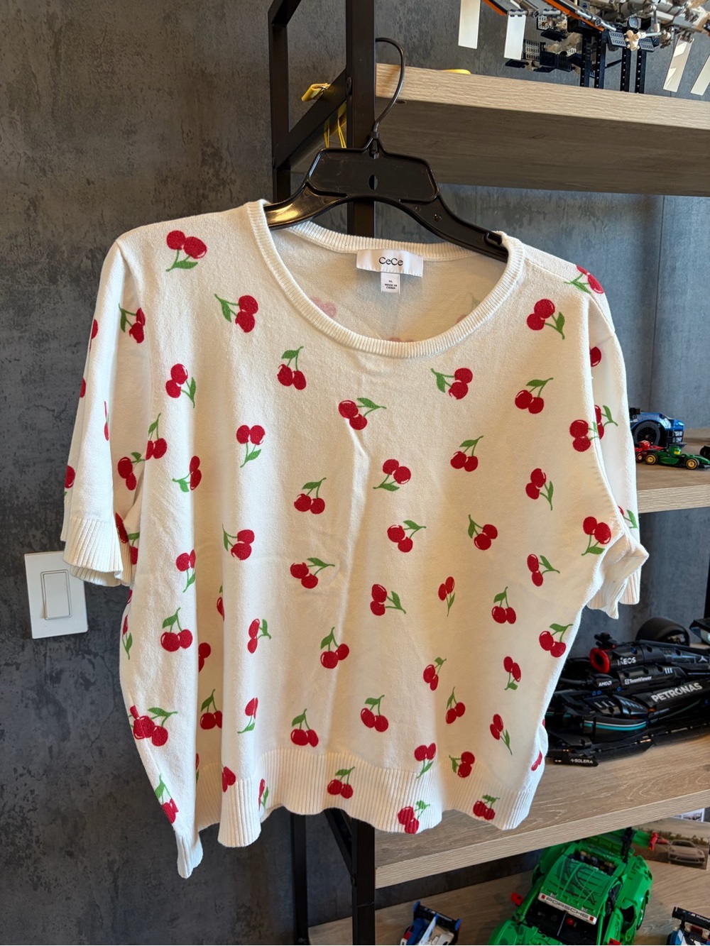CeCe Cream Short Sleeve Top with Red Cherry Print